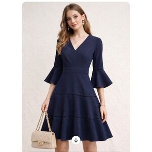 Eliza J Fit and Flare Dress Womens 2 Blue Bell Sleeve Ladder Lace Trim Party